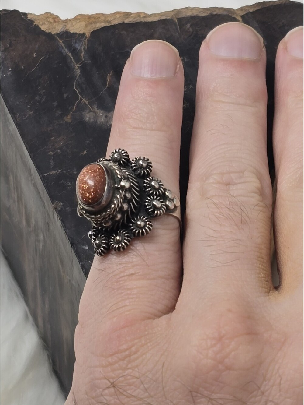 Mexican Sterling Poison Ring Size 7 Goldstone 925 Hinged Top